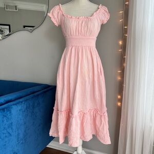 Francesca’s blue rain pink milkmaid dress